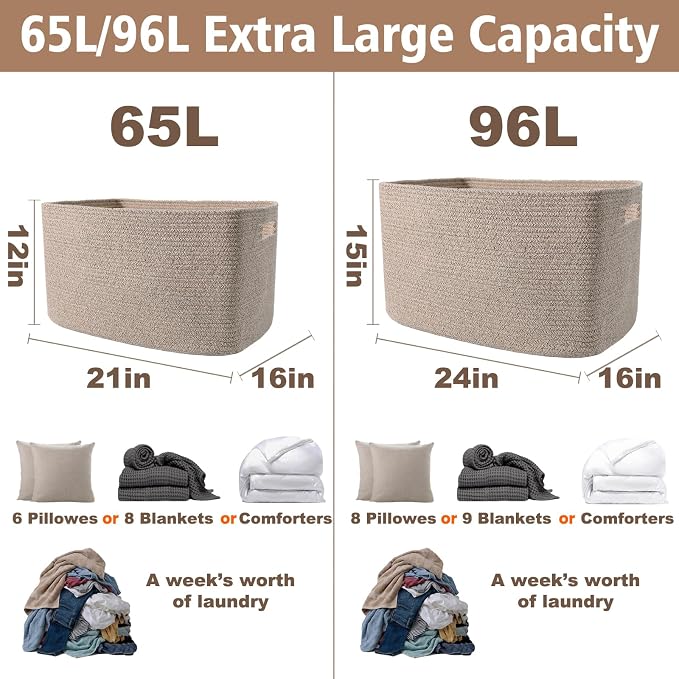 JMvicyroam 65L Large Woven Cotton Rope Blanket Basket, Oatmeal | Blanket Storage for Living Room or Bedroom Use, Freestanding with Reinforced Handles, Entire Basket is Machine Washable