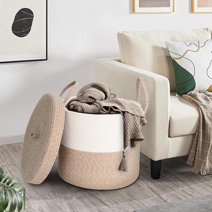 15”x13” Large Storage Basket with Lid, Blanket Basket Living Room, Woven Cotton Rope Baskets for Storage, Kids Toy Storage Bin, Tall Wicker Laundry Basket, Blankets Pillows Organizer Holder
