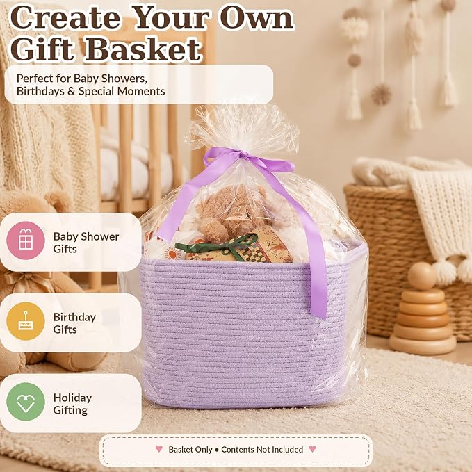 XUANGUO Woven Cotton Rope Storage Basket with Handles 13x10x9 inch Purple | Woven cotton rope basket for shelves and closets. Perfect for toys, books, clothes, nursery storage and gift baskets.