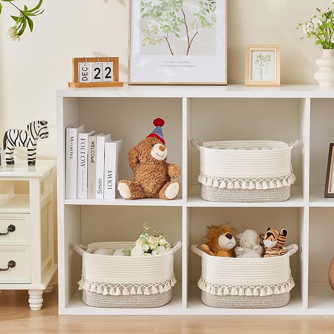 Storage Basket, Woven Baskets for Shelves, White/Beige | 3 Pack Boho Cotton Rope Storage Baskets, 14" x 9" x 8", Home Organizer for Nursery, Holds Toys, Books & Towels