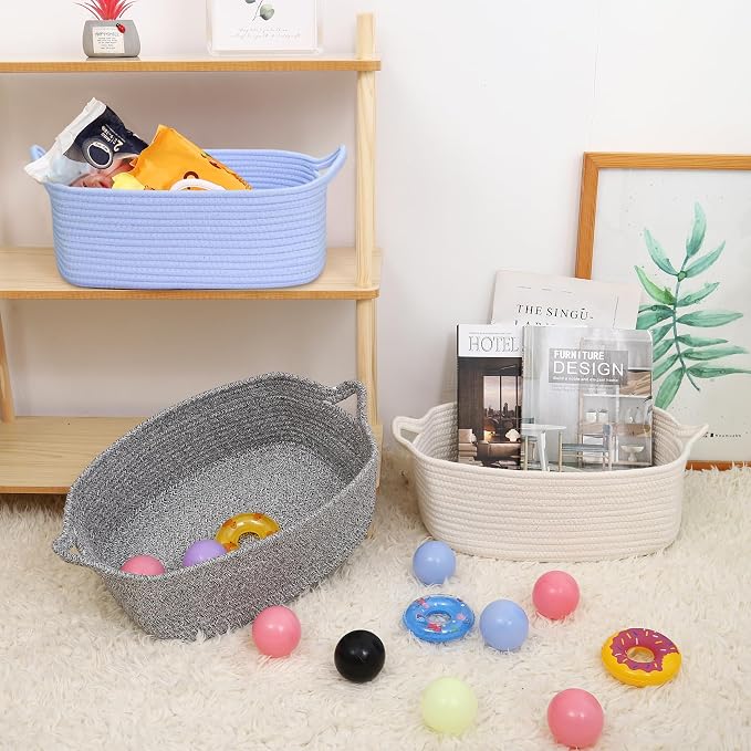 ABenkle Small Storage Basket with Handles, Cotton Rope Woven Dog Cat Toy Bin, Decorative Shelves Closet Organizing for Nursery Laundry Bedroom Bathroom, 14.2''x 11''x 5.1''