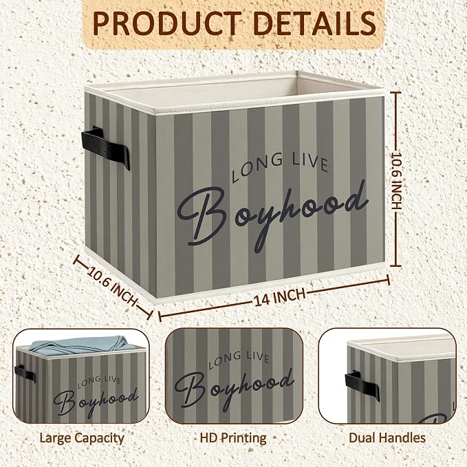 Boy Nursery Long Live Boyhood Foldable Storage Bins Box with Handles, Grey Striped Decorative Storage Boxes Baskets Toybox Organizer for Kids Boy Nursery Toddler Room Bedroom Playroom