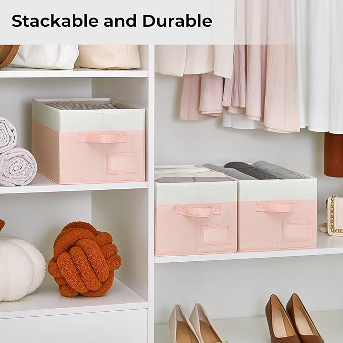 GRANNY SAYS Closet Storage Bins with Label, Pink&Ivory, Medium, 3-Pack | Fabric Storage Bins for Shelves, Closet Storage Boxs, Clothing Storage and Organization, Decorative Storage Bins