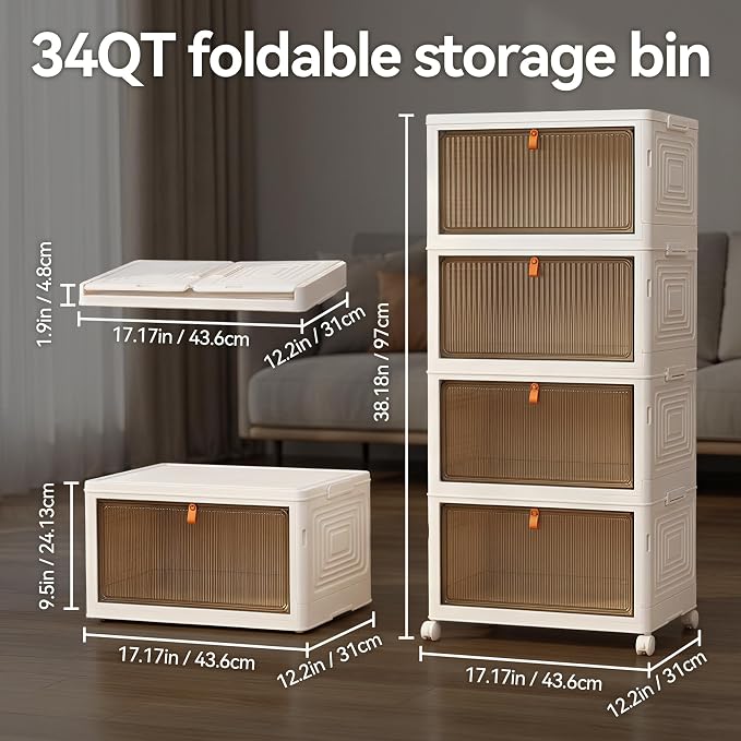 LDQ 136Qt Large Storage Bins with Lids, 4 Tier Stackable Storage Cabinet with Wheels & Clear Doors, Foldable Plastic Closet Organizer for Bedroom, Bathroom & Kitchen