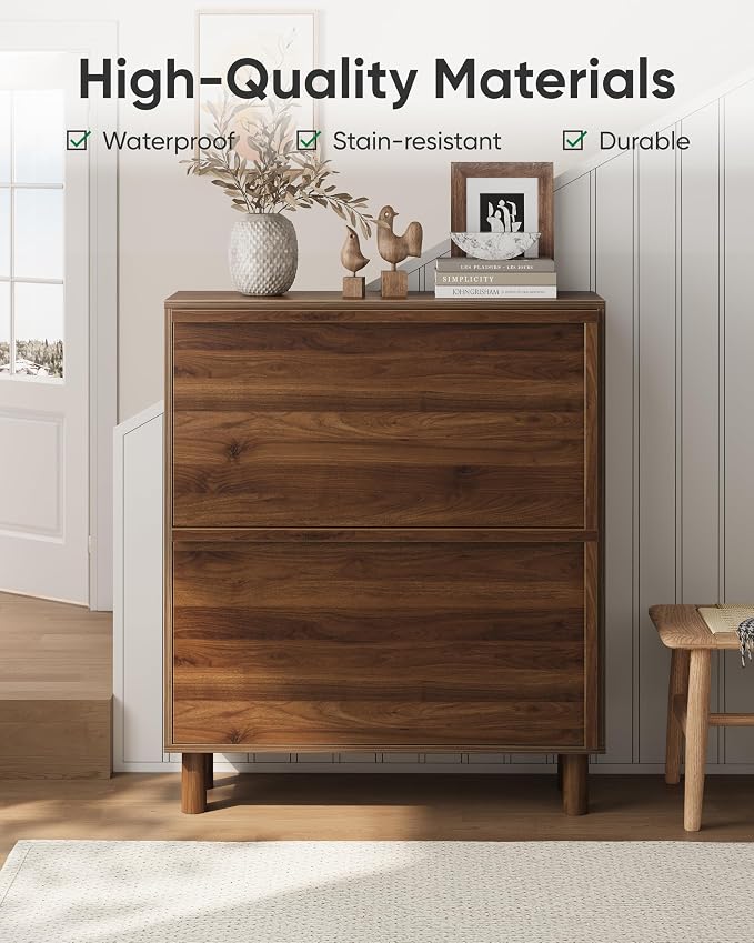 Shoe Storage Cabinet with 2 Flip Drawers, Slim Shoe Rack Cabinet with Integrated slant-grip handle, Narrow Shoe Cabinet Storage for Entryway Entrance, Freestanding Shoe Organizer Cabinet (Walnut)