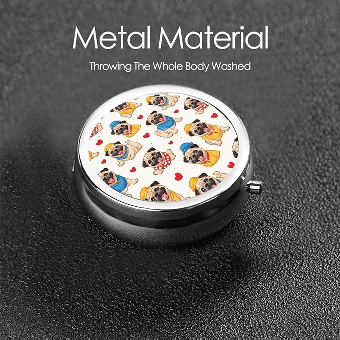 Love Pug Portable Pill Organizer | 3 Compartment, With Mirror, For Men Women, For Daily Supplements, Vitamins, Fish Oil, Jewelry, Candy, Travel