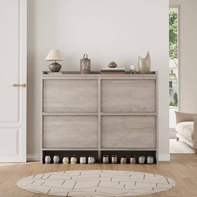 GarveeHome Shoe Cabinet with 4 Flip Drawers, Wooden Shoe Organizer Cabinet with Adjustable Shelf, Shoe Storage for Entryway, Hidden Shoe Cabinet for Hallway, Living Room, Grey