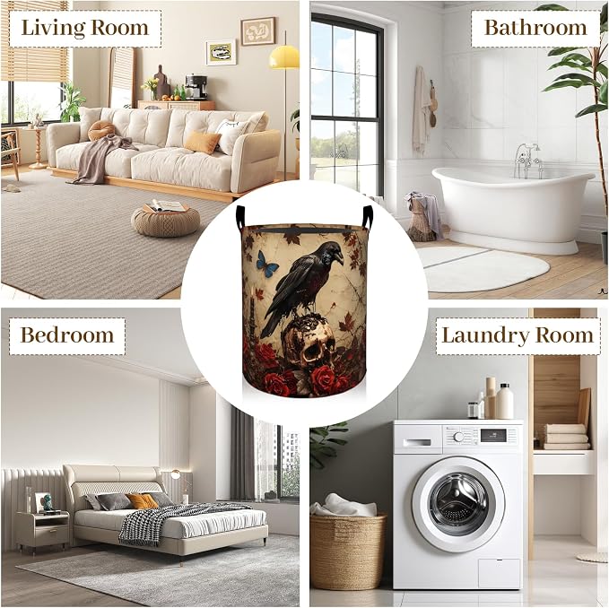 Gothic Raven Laundry Basket, Skull Rose Print Foldable Oxford Cloth, Waterproof Dirty Clothes Hamper with Handles, Clothing Storage Bin Toy Organizer for Bedroom Dorm Bathroom, 19.7"x15.7"