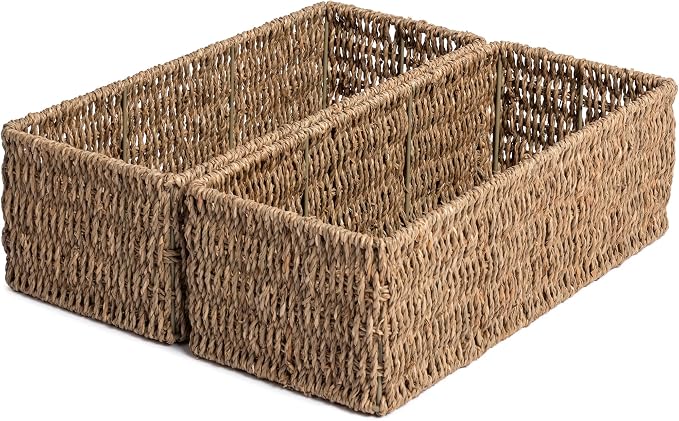 JS HANGER Toilet Basket Tank Topper， Seagrass Storage Baskets, Rectangular Wicker Baskets for Toilet Tank Top, Bathroom Wicker Basket, 14.9"L x 6.3"W x 4.7"H, 2-Pack