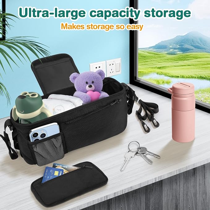 Kinembold Universal Stroller Organizer with Cup Holder Detachable Phone Bag and Shoulder Strap, Stroller Caddy Fits for Stroller Like Uppababy, Baby Jogger, Doona, Nuna, BOB, and Pet Stroller