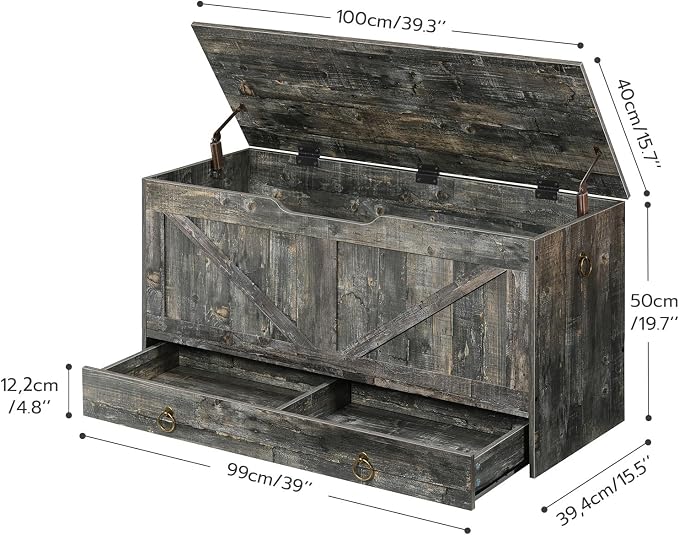 HOOBRO Storage Chest, 39.3" Toy Chest with Drawer, Wooden Storage Bench, Sturdy Entryway Bench Supports 220 lb, Shoe Bench, Safety Hinge, U-Shaped Opening, Easy Assembly, Vintage Gray VP710CW01G2