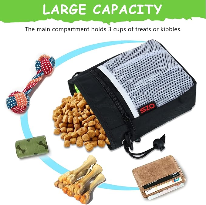 SZO Dog Training Treat Pouch with Training Clicker, Black | Dog Treat Pouch Set Includes Clicker for Pet Training, 3 Wear Styles with Waist Belt Shoulder Strap