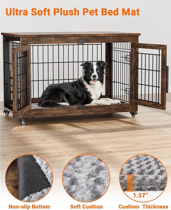 YaFiti Dog Crate Furniture, 38.5" Wooden Dog Kennel, 2 Pack, Rustic Brown | Cushion, Wheels, Double Doors, for Large/Medium Dogs, Up to 70 lb, Furniture Style, Side End Table, Decorative Pet Cage House