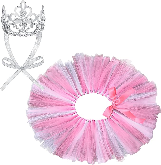 2 Pcs Dog Crown Headband Dog Tutu Dress Set Crystal Rhinestone Tiara Crown Tutu Skirt Pet Dress Costume for Puppy Birthday Party Wedding Photo Prop Costume(Medium,Rose Red, White)