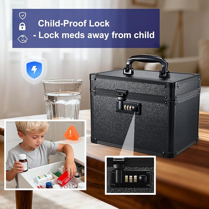 Lockable Security Storage Box - Shiny Black Safe Combination Lock Box, Cabinet Med Organizer, 10 x 7 x 7.9 Inches Safe Case for Documents, Valuables, Medicine & Money