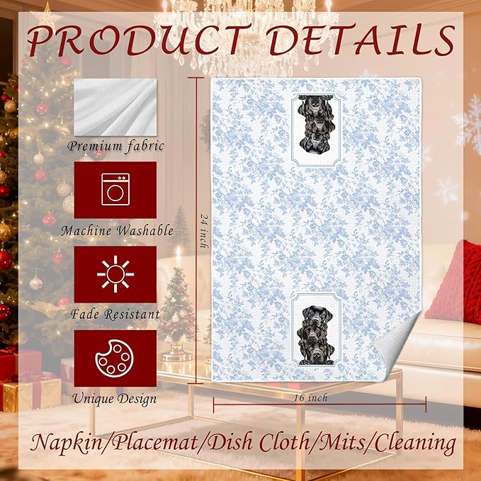 Blue and White Chinoiserie Black Labrador Retriever Kitchen Towels 16x24 in, Black Lab Gifts, Grandmillennial Toile De Jouy Floral Dog Decorative Hand Tea Dish Towels for Bathroom Kitchen