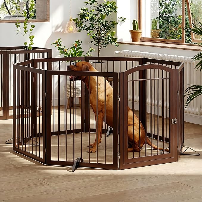 JSB 192-inch Extra Wide 30-inch Tall Dog gate with Door Walk Through,Full Matel Freestanding Round Tube Pet Gate for Halls Stairs, Puppy Safety Dog Fence with 4PCS Support Feet (Round Tube Espresso)