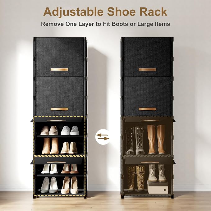 9 Tier Shoe Cabinet with Door, 18-Pair Rack for Closet Black | Non-Woven & Metal Frame, Stable, Door Blocks Dust & Pets, DIY Split for Spaces, Easy Assembly