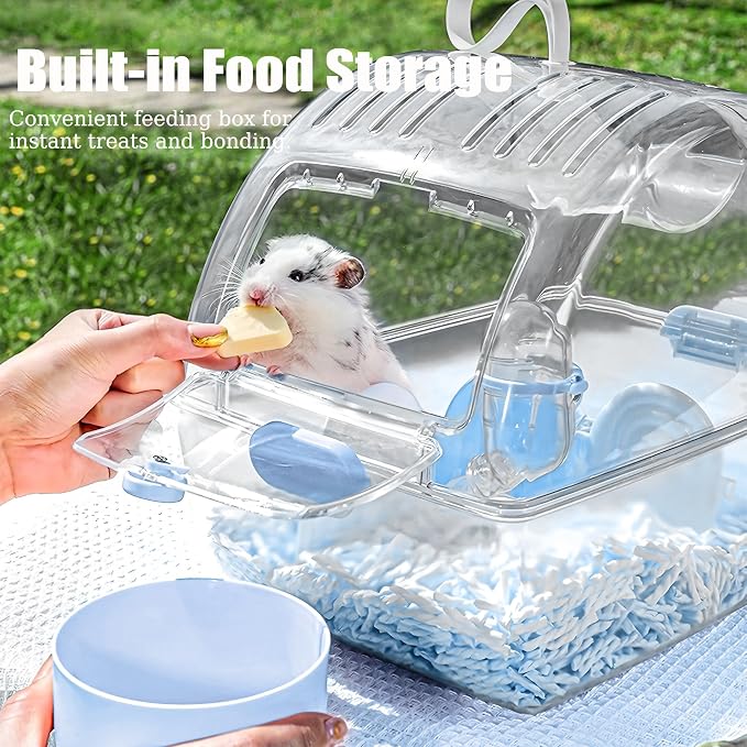 Small Portable Hamster Cages,Big Size(13×8.2×10.8'') Hamster Carrier with Water Bottle,Dwarf Hamster Travel Cage with Storage Box,360º Transparent Acrylic Pet Travel Carrier,Mouse Gerbil Cage(Blue)