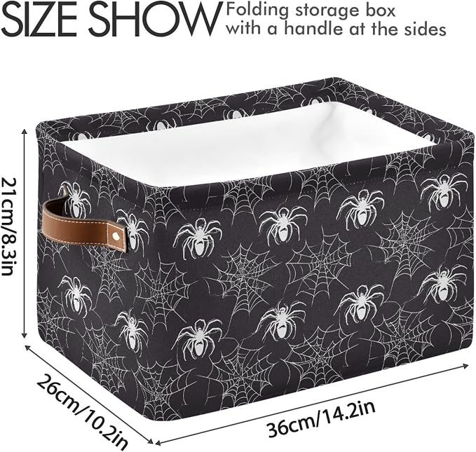 Wamika Happy Halloween Storage Basket with Waterproof Liner and PU Handles Spooky Spider Web Black Storage Bins Boxes 14.2" Collapsible Decorative Organizer Baskets for Bedroom Closet Office 1 Pack