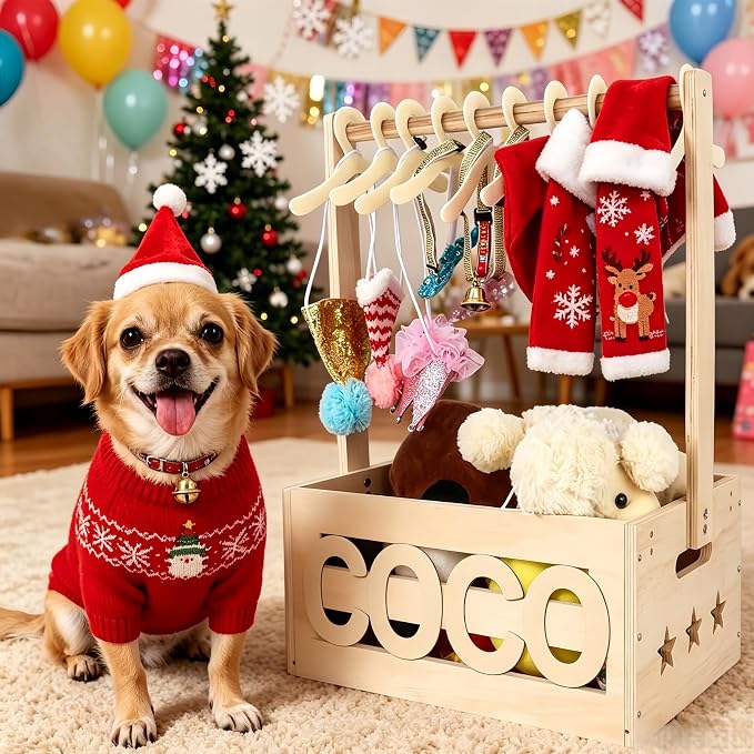 13.5"x9.5"x20.1" Wooden Pet Wardrobe Closet with Hangers, Personalized Alphabet Letters & Sticker, Easy Assembly Crate for Dog/Cat Closet, Dog Closet Organizer for Toys Clothes and Accessories