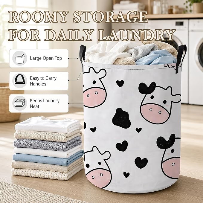 Cute Cow Laundry Hamper, Black Hearts Laundry Baskets, Waterproof Oxford Cloth for Room/Bathroom/Bedroom/Dormitories 16x20.8 Inch