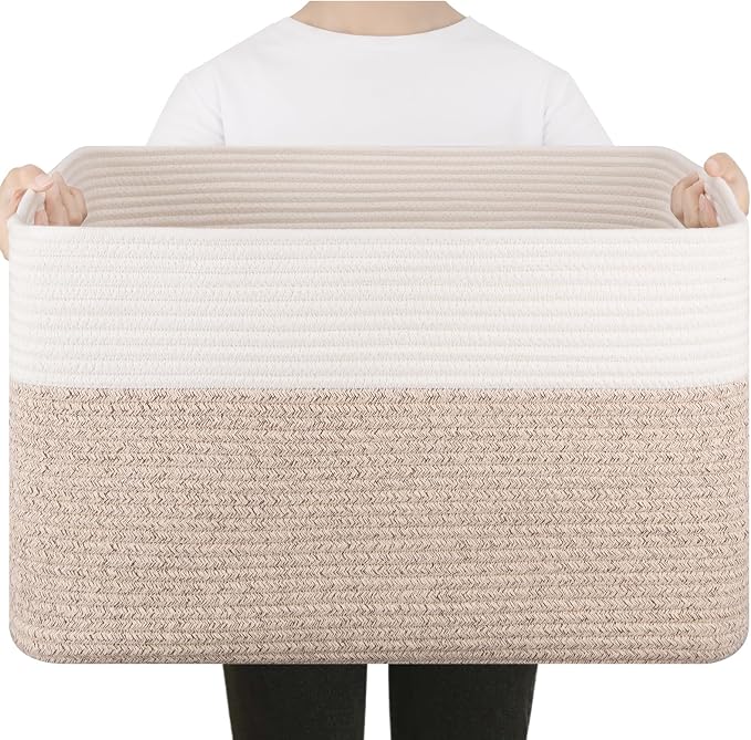 75L Large Cotton Rope Basket, Soft Toy Storage Bin for Nursery & Living Room, Decorative Blanket Basket for Bedroom, Baby-Safe Organizer for Pillows &Laundry, 22''×17''×12'', Brown and White