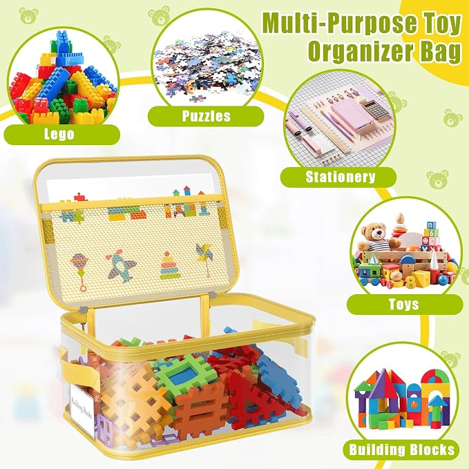 8 Pack Large Clear Toy Storage Bags with Labels, Handles, Zippers, L+XL | Large Capacity, Transparent PVC, Waterproof Dustproof, Space-saving, Portability for Building Blocks, Puzzle, Dolls, Travel