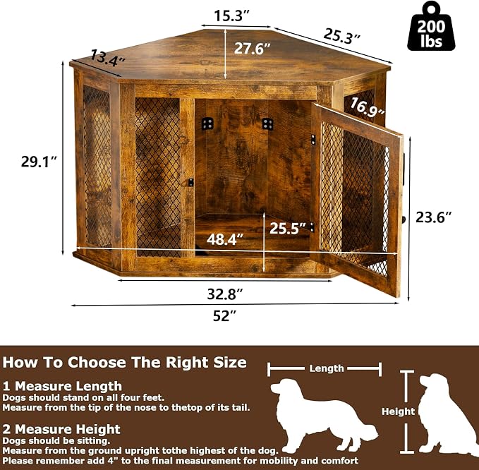 52" Corner Dog Crate Furniture, Wooden Dog Kennel Indoor | Corner Dog Kennel Furniture for Medium-Large Dogs, Brown Space-Saving Decorative Indoor Pet House with Mesh Door & Lock