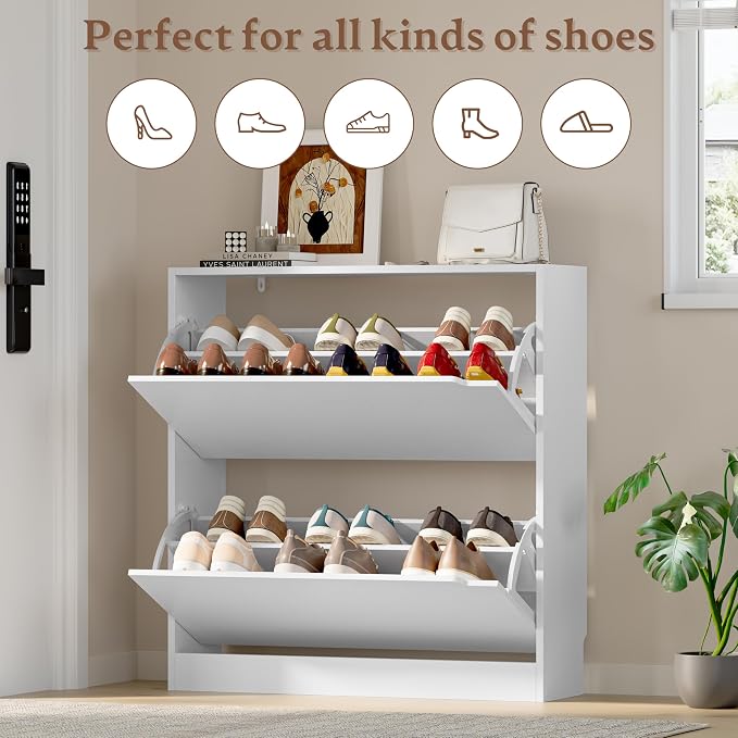 BORNOON Shoe Cabinet with 2 Flip Drawers, Slim Narrow Shoe Storage Cabinet, Freestanding Shoe Organizer with Adjustable & Removable Shelves, Top Display Shelf for Entryway, Hallway, Foyer, Closet