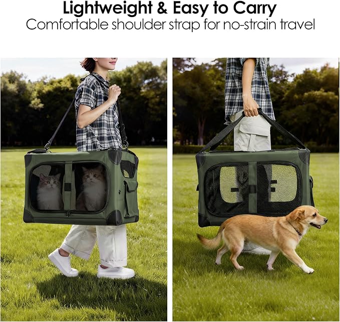 Extra Large 2-Cat Foldable Pet Travel Carrier,24"x17"x17",Green | Removable Divider, Metal Frame Support, Breathable Mesh Panels, With Storage Tote & Padded Straps