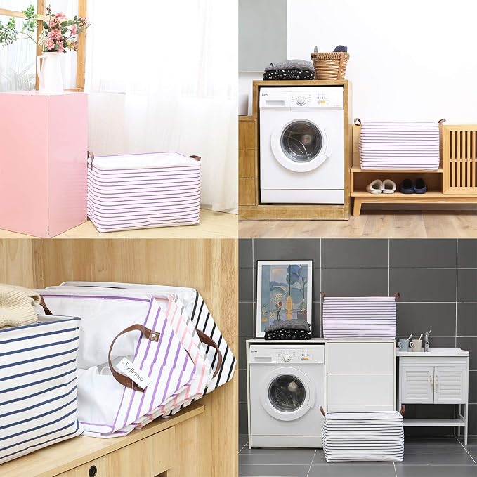 Hinwo 2-Pack Extra Large Canvas Fabric Storage Baskets with Handles, 70L Oversized Storage Bins, Collapsible Storage Box, Clothes, Toys, Blankets Organizers, 22 x 15 x 13 inches, (Purple Stripe)