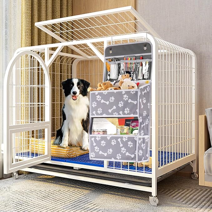 Dog Toy Basket,5-Shelf Hanging Organizer for Dog Toys,Over Door Basket for Dogs with 2 Metal Hooks,5 Pockets Organizer for Dog Leash Harness Toys Treats-62.5''(height)-Bone Claw Print
