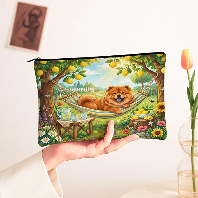 Chow Chow Dog Makeup Bag, Country Lemon Floral Plant Printed Cosmetic Travel Pouch for Women, Pet Portable Small Canvas Zipper Organizer 7x9 Inch