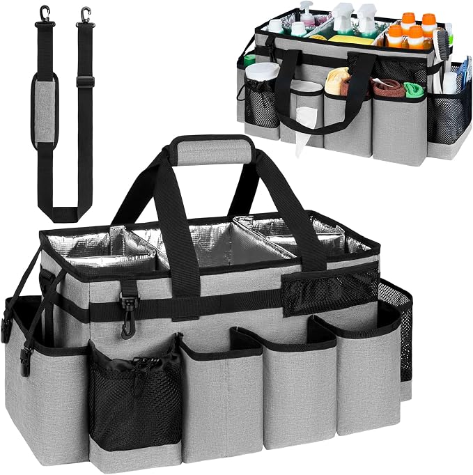 Cleaning Caddy Bag, Extra Large Cleaning Supply Bag for Housekeepers,Gray | Sturdy Cleaning Caddy Organizer for Cleaning Supplies with Handle and Adjustable Shouder Strap, Easy to Clean Design