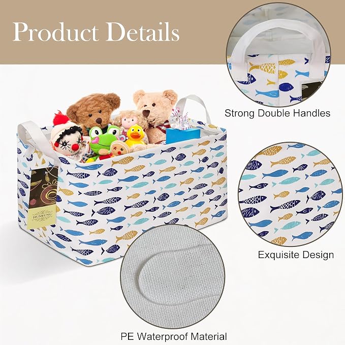 Rectangle Foldable Storage Basket Handles For Home, fish | Waterproof canvas material, reinforced handles, perfect for shelf use, organizes clothes, daily items and pet supplies