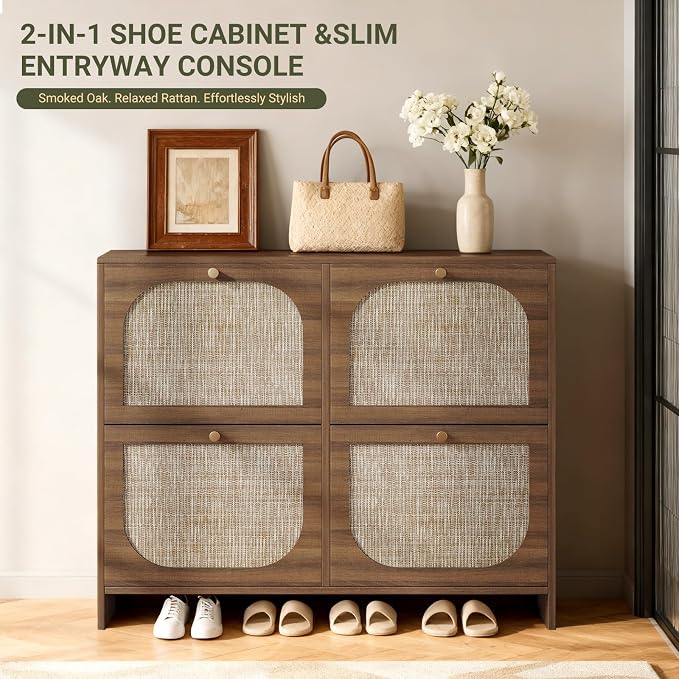 Freestanding Ultra Slim Fluted Accent Shoe Storage Cabinet for Entryway - 4 Flip Drawers & 3-Tier Adjustable Shelves, Farmhouse Modern Rustic Shoe Rack for Hallway, Foyer, Living Room