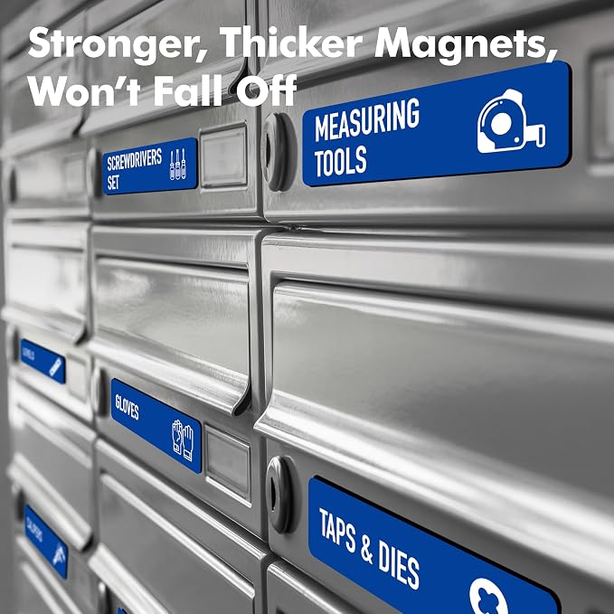 90 PCS Magnetic Toolbox Labels, 82 Pre-Printed & 8 Blanks Large Size Tool Chest Organizer Labels Strong Magnetic & Easy to Read Printing Fits All Brands of Steel Tool Box Drawers (Blue, 3.5” x 1”)