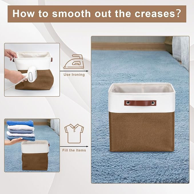 Bagnizer Collapsible Fabric Storage Cubes 11x11 Cube Storage Bins, 4 Pack Closet Baskets Box with Handles for Organizing, Shelf, Toys, Clothes, Home, Office, Nursery (Brown&White)