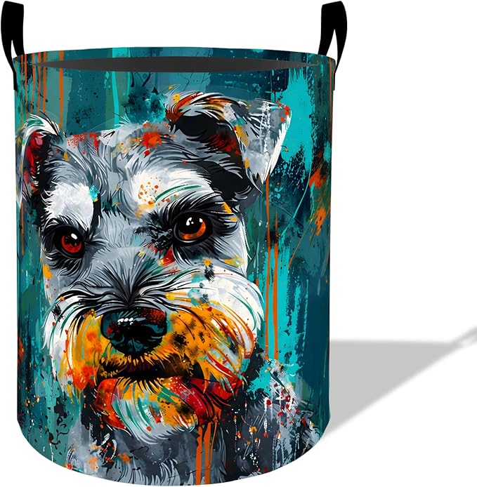 Colorful Schnauzer Dog Laundry Basket Hamper 19.7"x15.8", Organizer Bins Gifts for Women Men Adults, Pet Foldable Waterproof Oxford Clothes Storage Bucket for Bedroom Bathroom Decor