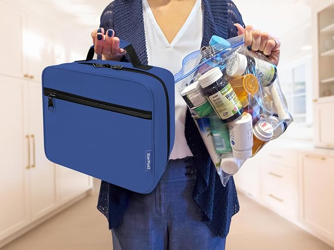 Large Pill Bottle Organizer & Medicine Bag for Travel, Blue | Prescription bottle organizer with 10 bottle pockets and padded storage for medication bottles, supplements, vitamins
