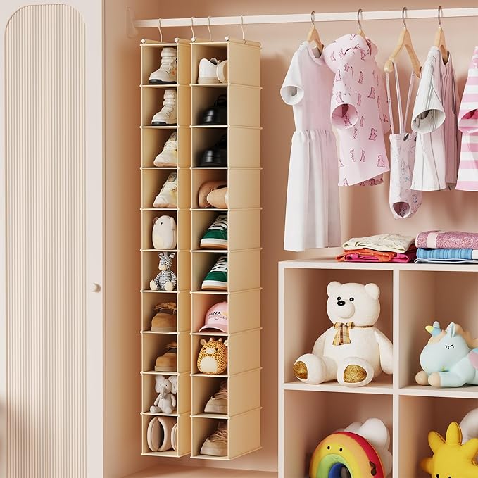 MAX Houser 2 Pack 10 Tier Slim Hanging Shoe Organizer Beige | Foldable Hanging Shoe Storage Shelf with 2 Metal Hooks, Space Saving Storage for Narrow Space