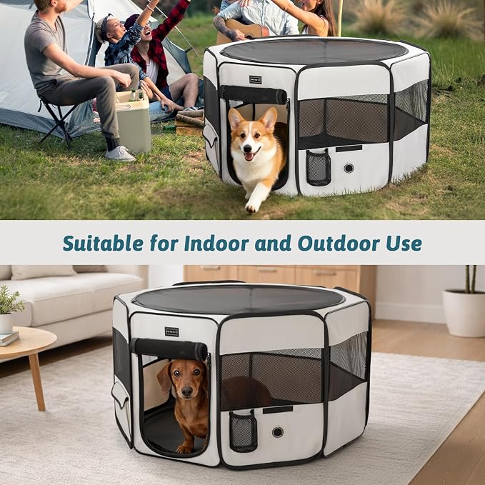 PETSFIT Portable Dog Playpen 36", Removable Waterproof Mat, Zippered Roof | 3-Second Setup, Collapsible Storage, RV Camping Travel, Indoor Outdoor Use, Medium Dogs and Cats, 36"L x 36"W x 21"H