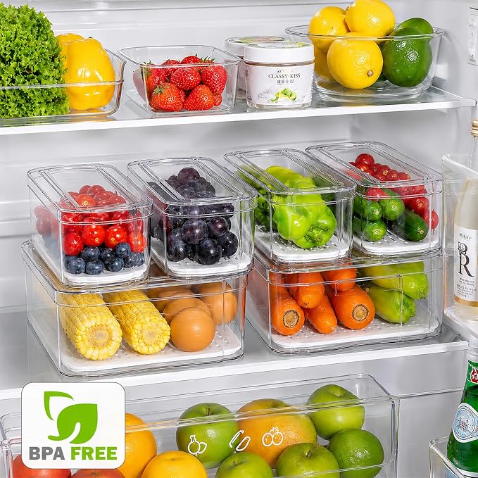 SMRCAD 10 Pack Clear Fridge Organizer Bins with Drain Trays - Stackable | BPA-Free PET, 10 Pack: 10 lidded Bins (Not drawer), Helps Keep Produce Fresh, 17.4L Capacity, Hand Wash Only