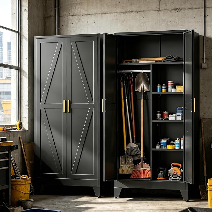 71" H Broom Closet Storage Cabinet,Metal Garage Storage Cabinets,Utility Cabinet,Black Storage Cabinets