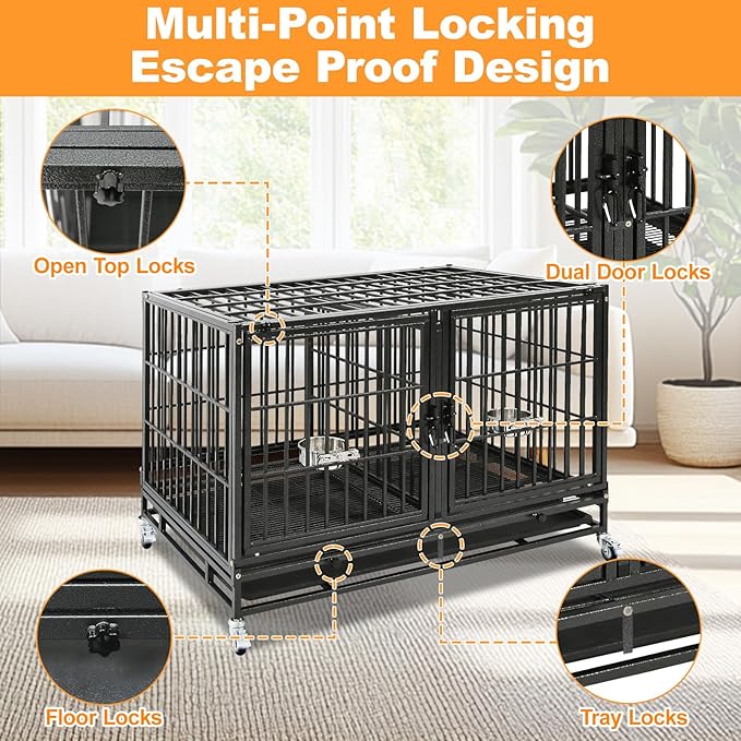 Homey Pet 43 inch Dog Crate Stackable Heavy Duty Dog Kennel Indoor, 2 Tiers | Dog Grooming Cage with Dual Front Doors, Auto Locks, Removable Grid & Tray, Wheels, Bowls, Ideal for Small and Medium Dogs