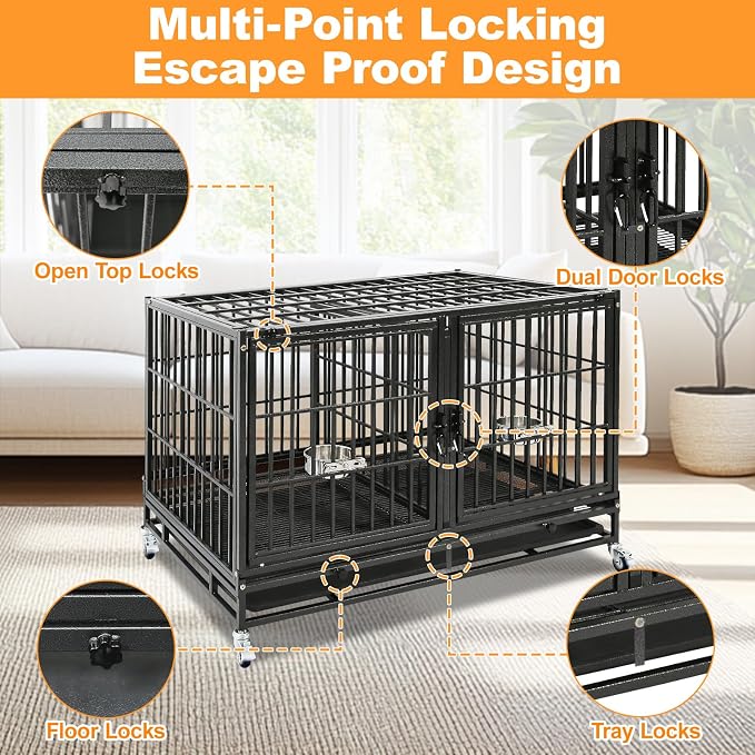 Homey Pet 3 Pack Three Tiers 43" Stackable Heavy Duty Double Dog Crate Bank | Commercial Modular Dog Kennel with Dual Front Doors, Divider, Auto Locks, Removable Tray, Bowls for Small and Medium Dogs