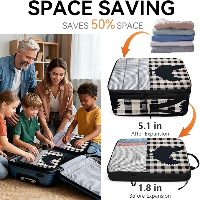 Chicken Hen 6 Set Compression Packing Cubes Buffalo Check Plaid Expandable Packing Organizer for Travel Accessories Luggage Suitcase Bag