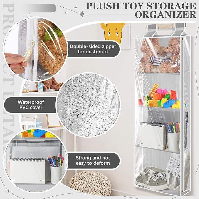 SATINIOR Hanging Stuffed Animal Storage with Zippers Dustproof over The Door Organizer with Large Pockets Different Hanging Methods for Shoes, File (Light Gray,4 Layer)