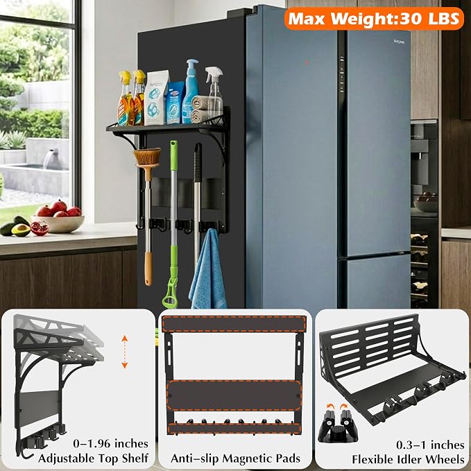 MUTUACTOR Heavy Duty Magnetic Broom Holder,Anti-slip Magnetic Tool Rack with Top Utility Shelf, Easy Assembly Broom Mop Organizer for Refrigerator Metal Cabinet Laundry Room Kitchen,3-Clamps 4-Hooks